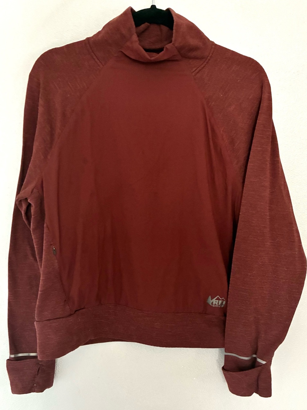REI Co-op Burgundy Fleece Pullover XL Thumbhole Mock Neck Hiking Outdoor